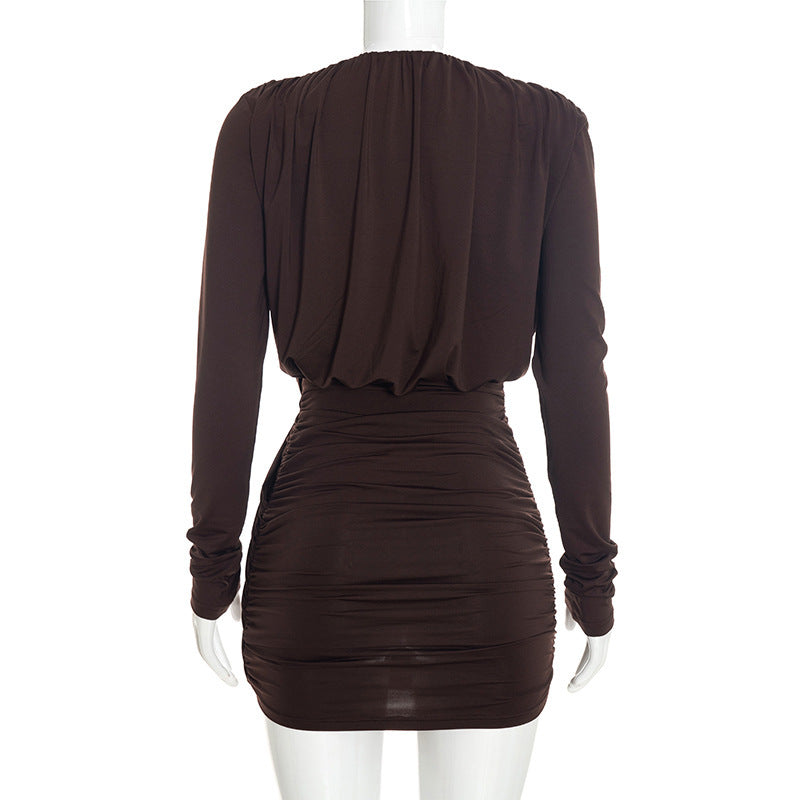 Deep V Neck Logn Sleeve Ruched Mini Dress GSZM C26DS333