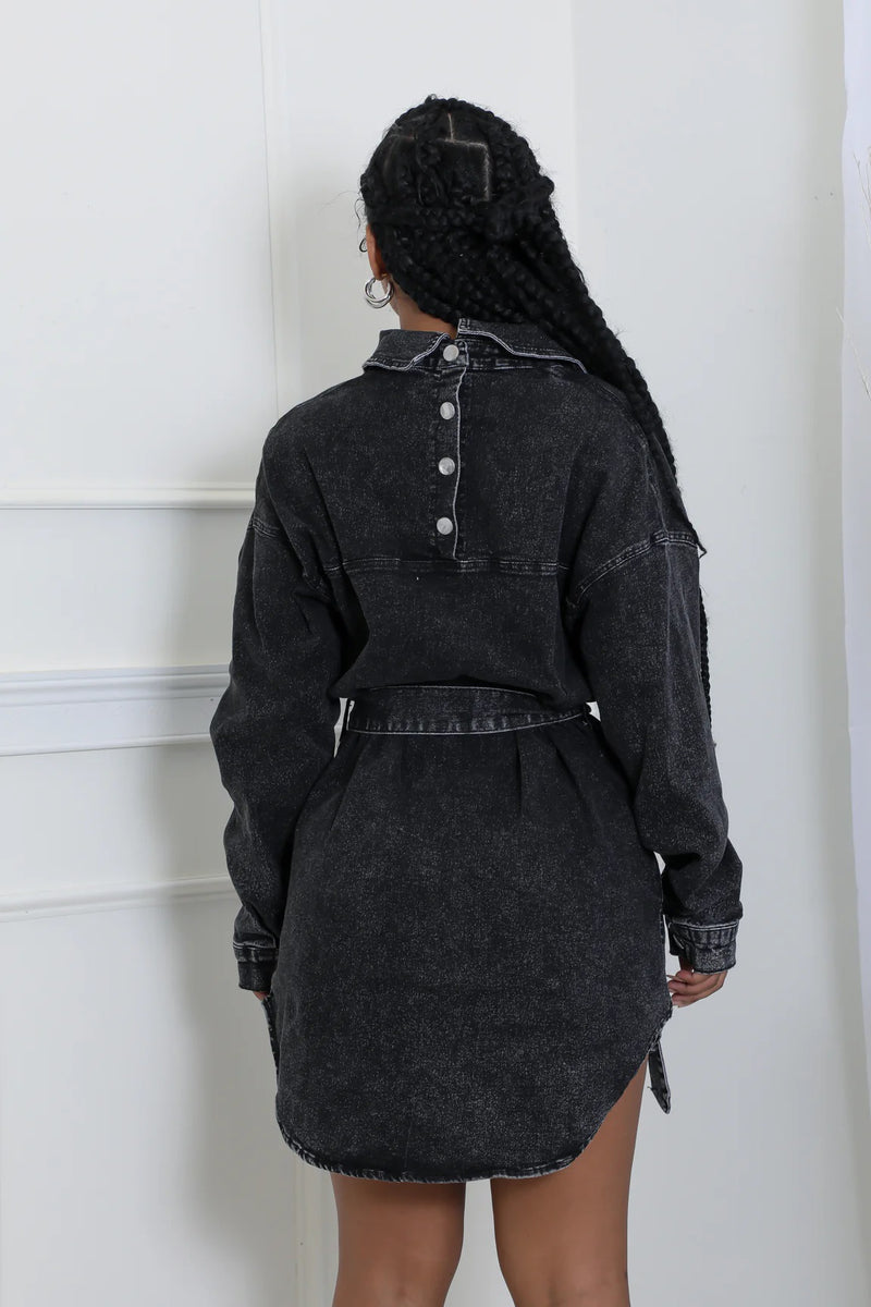 Long Sleeve Single breasted Tie Up Denim Coat WXHY XHY4013