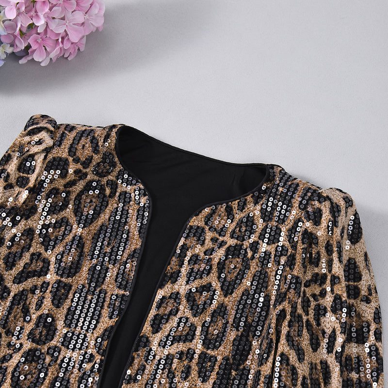 Leopard Print Sequin Long Sleeve Coats GFRT 51944TBD