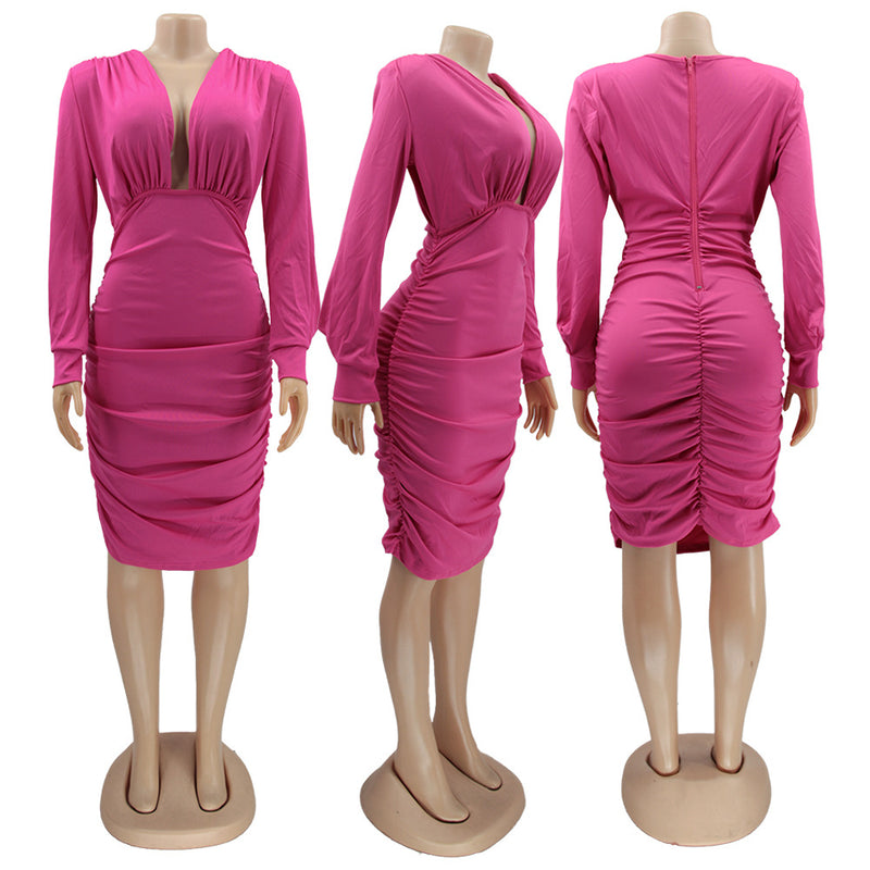 Sexy Solid V Neck Long Sleeve Bodycon Dress HNIF 016