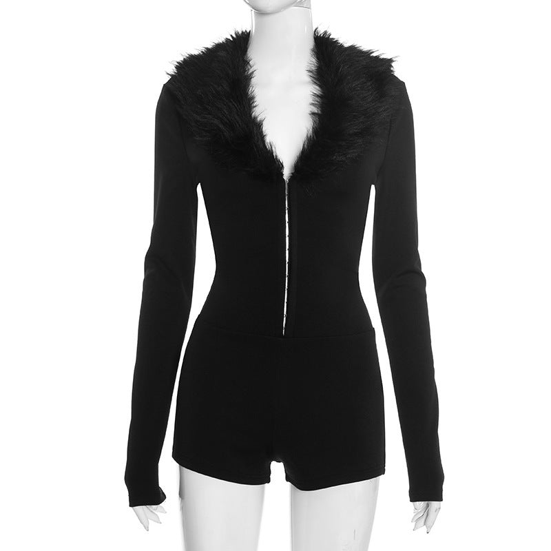 Black Zipper Long Sleeve Slim Romper GDSF J25RP389
