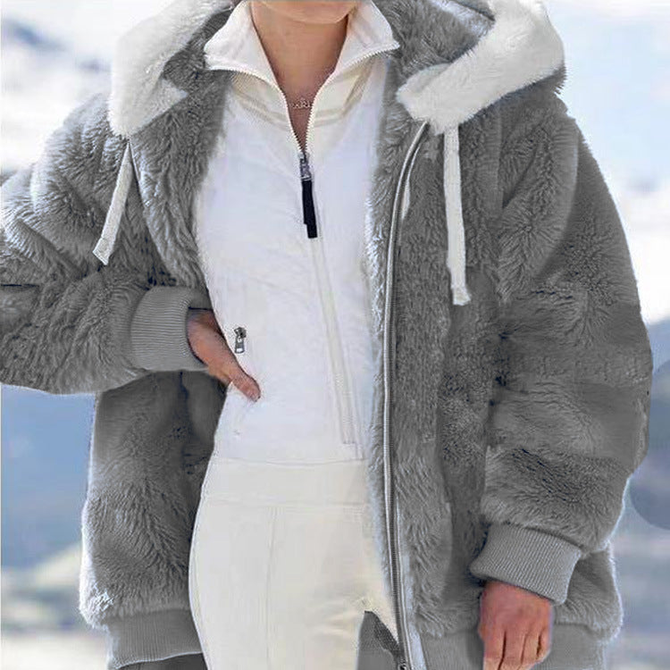 Plus Size Fashion Loose Plush Zipper Hooded Coat GOFY 9910