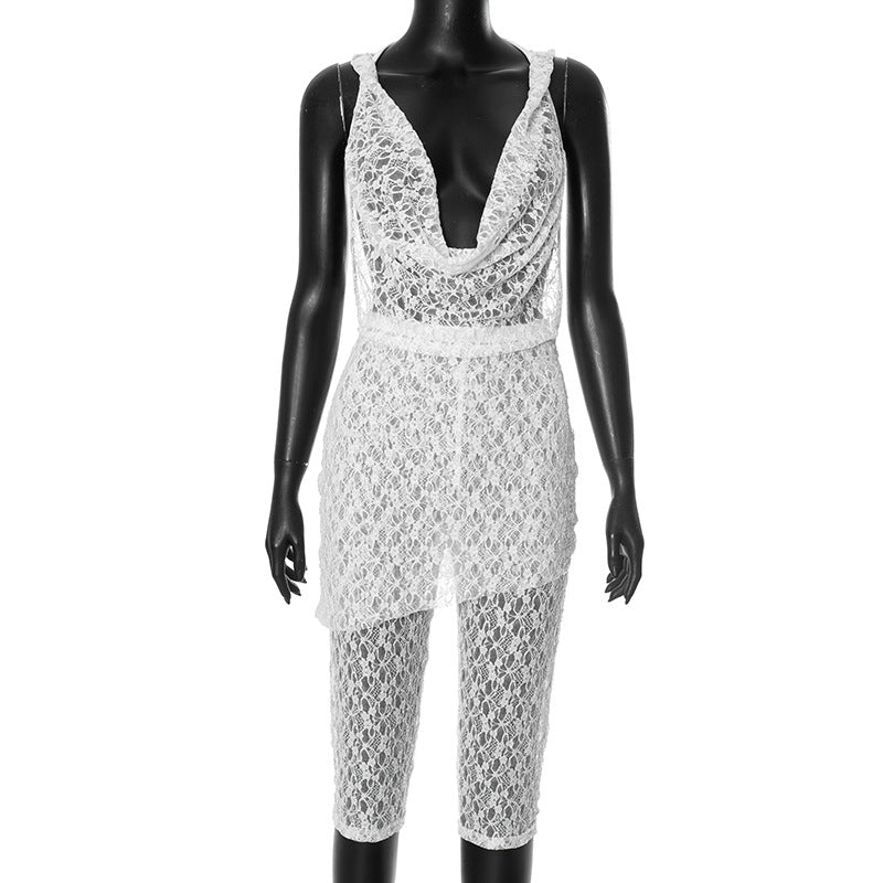 Deep V Neck Lace Tops And Seventh Pants Suit GDSF J25ST036