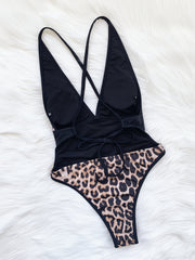 Leopard V Neck Bandage One Piece Swimsuit CASF 6316