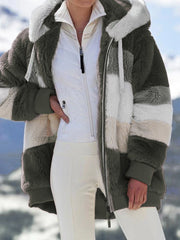 Plus Size Warm Plush Patchwork Zipper Hooded Loose Jacket GOFY 80160