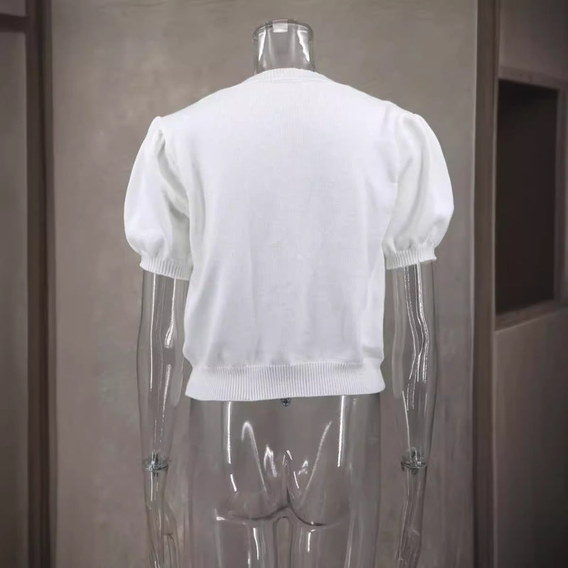 V Neck Short Sleeve Double Bow Solid Sweater GLYK LX045