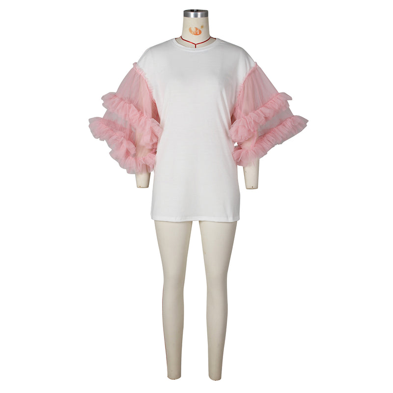 Mesh Patchwork Sleeve Loose Solid T Shirt ZSD 0615