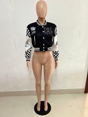 Ribbed Color Block Print Baseball Jacket YNSF 2663