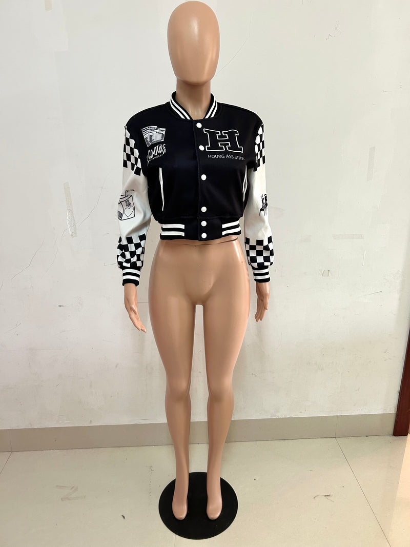 Ribbed Color Block Print Baseball Jacket YNSF 2663