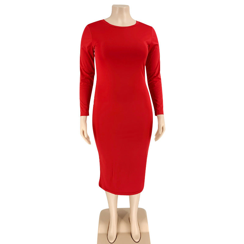 Plus Size 5XL Solid Color Long Sleeve Skinny Bodycon Midi Dress Without Belt OSIF 20972