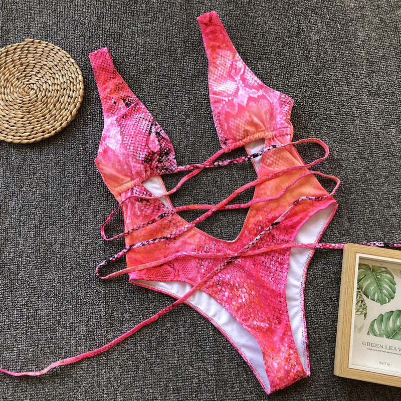 Leopard Print Cutout Tie Up One Piece Swimsuit CSYZ A992