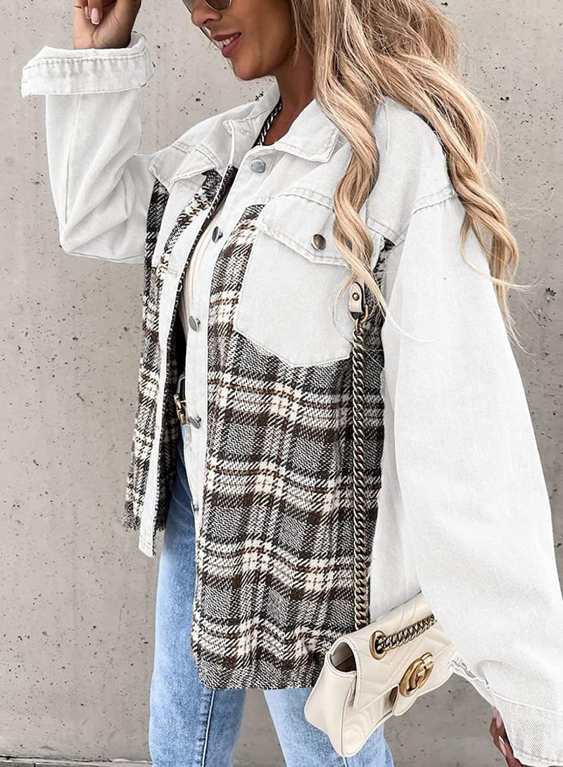Denim Long Sleeve Plaid Shirt Jacket GOFY W220239