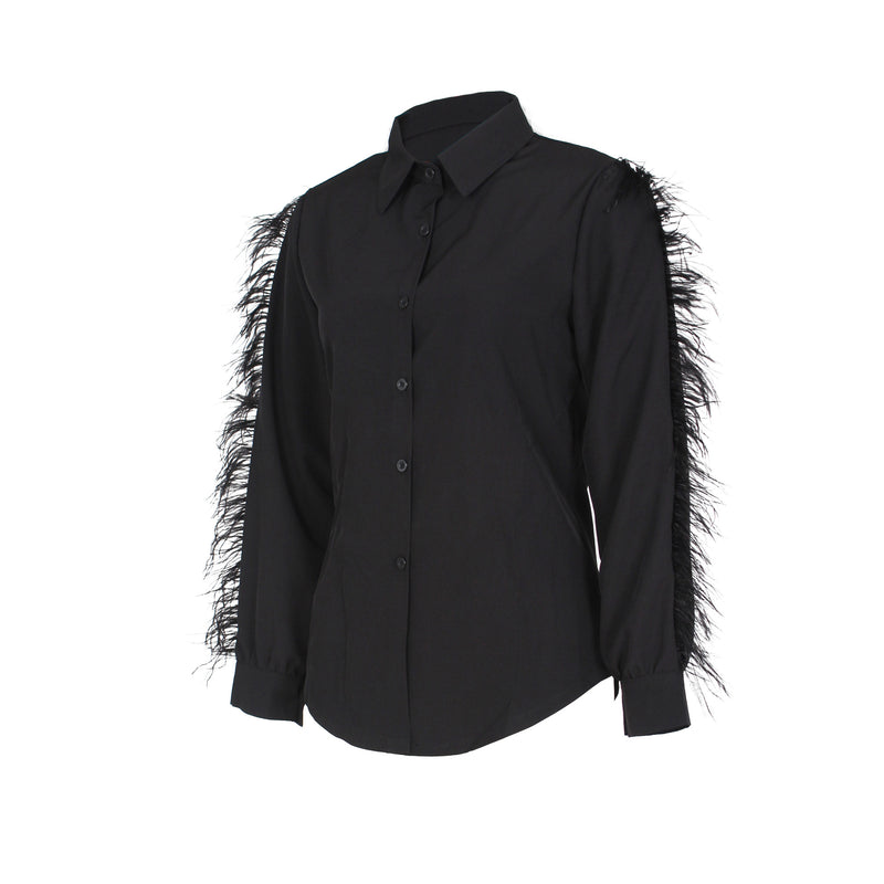 Solid Feather Patchwork Long Sleeved Shirt Top ZSD 0448