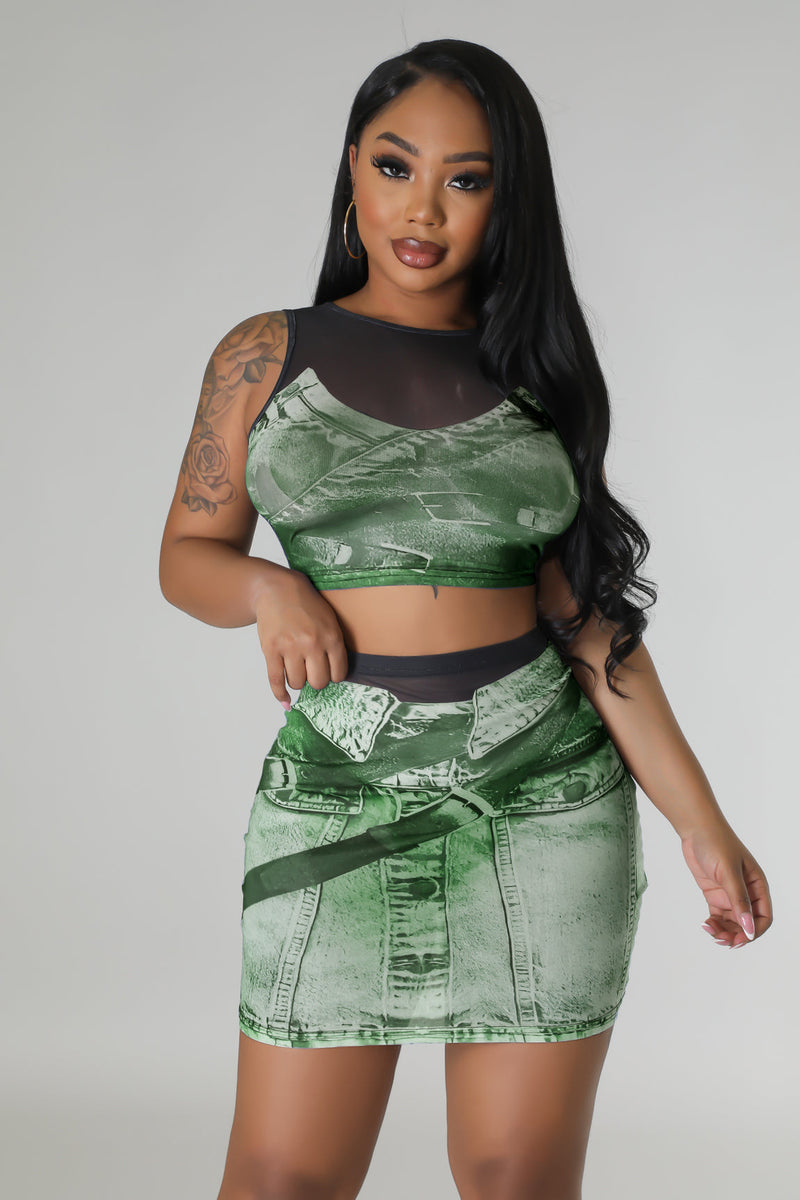 Sexy Mesh Print Sleeveless Skirts Two Piece Set FENF 272
