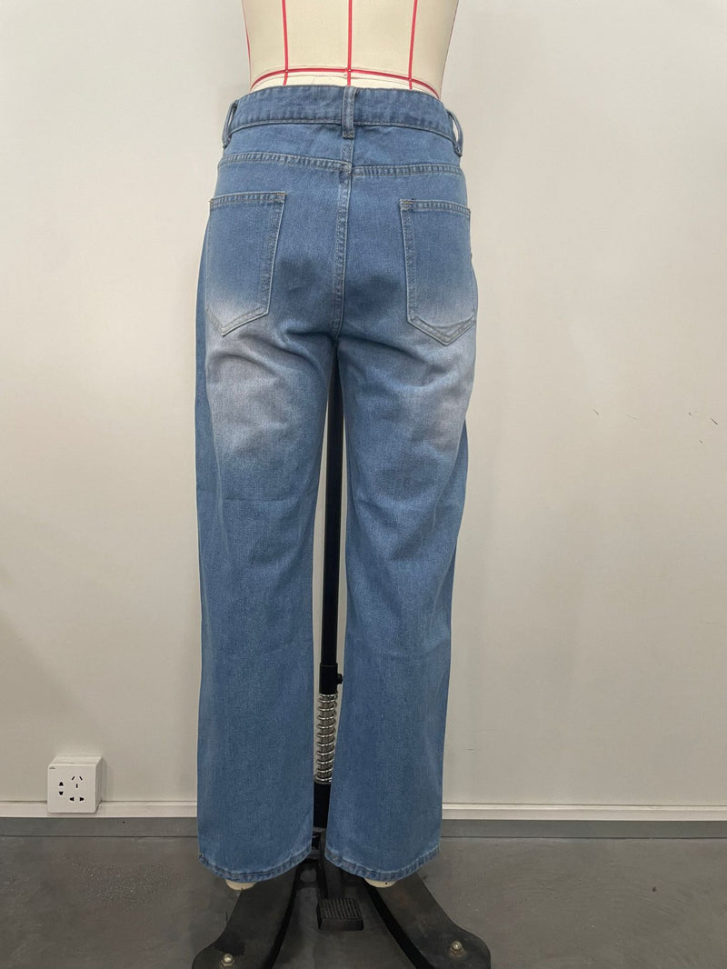 Plus Sizse Hot Drill Print Holes Loose Jeans OD 8685