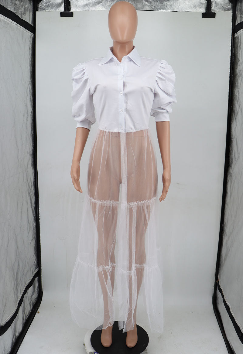 Mesh Patchwork Puff Sleeve Shirt XHXF 935