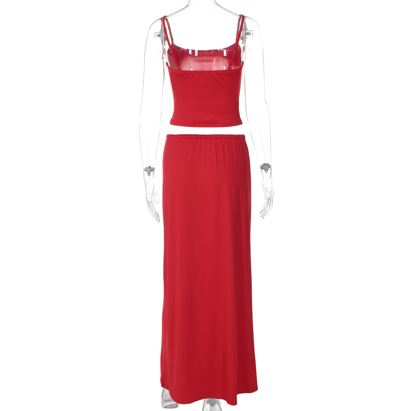 Solid Color Sling Top Two Piece Skirt Set GLAG S5A20420F