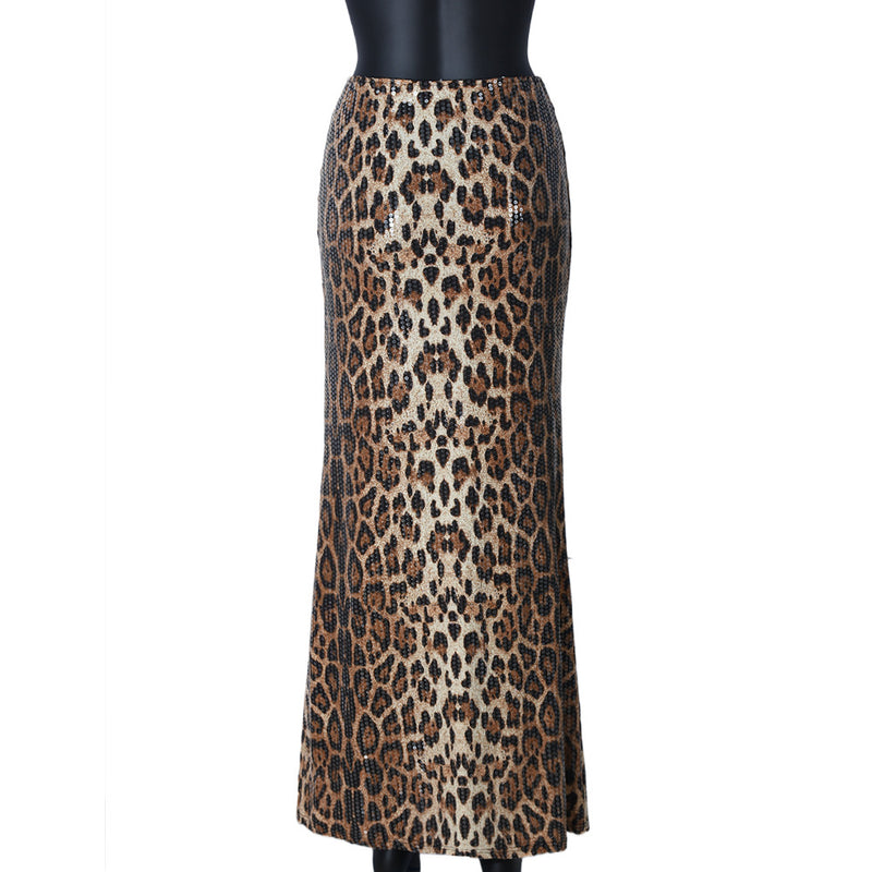 Leopard Print Sequin Patchwork Double Layered Long Skirt GNZD 51515DHD