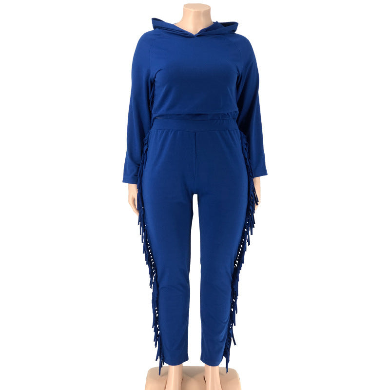 Plus Size Solid Color Hooded Tassel Two Piece Pants Set OSIF 21278