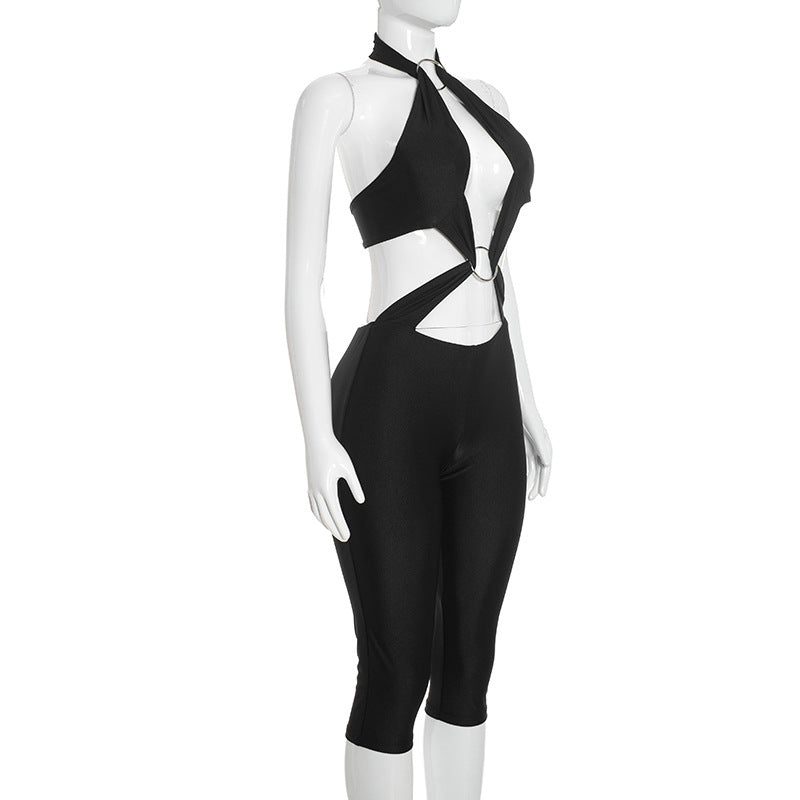 Solid Color Hollow Out Backless Seventh Jumpsuit MXBF C26JP306