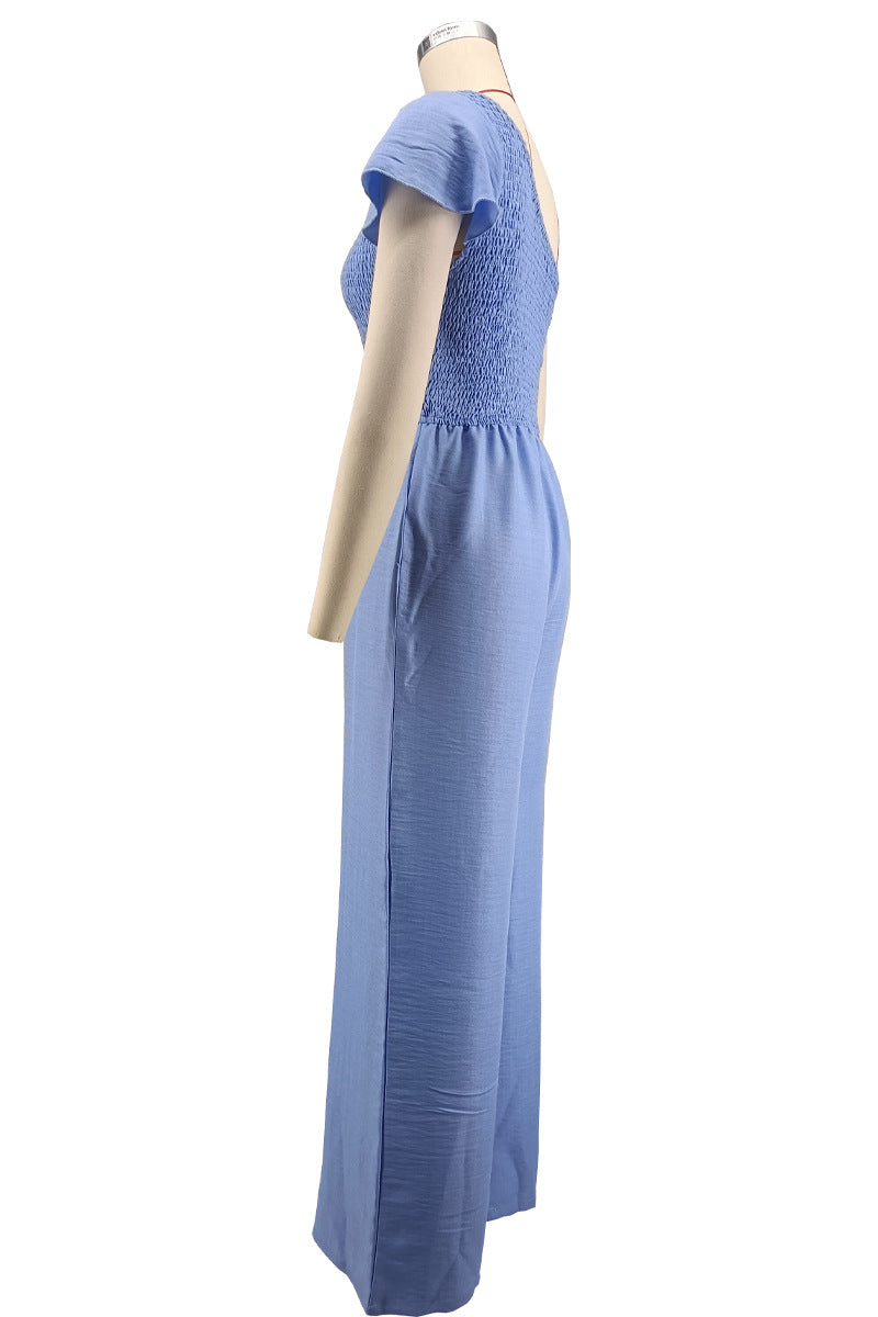 Solid Color Slash Shoulder Loose Jumpsuit XHXF 483