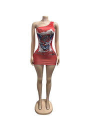 Print Slash Shoulder Mini Dress GFCF 1519