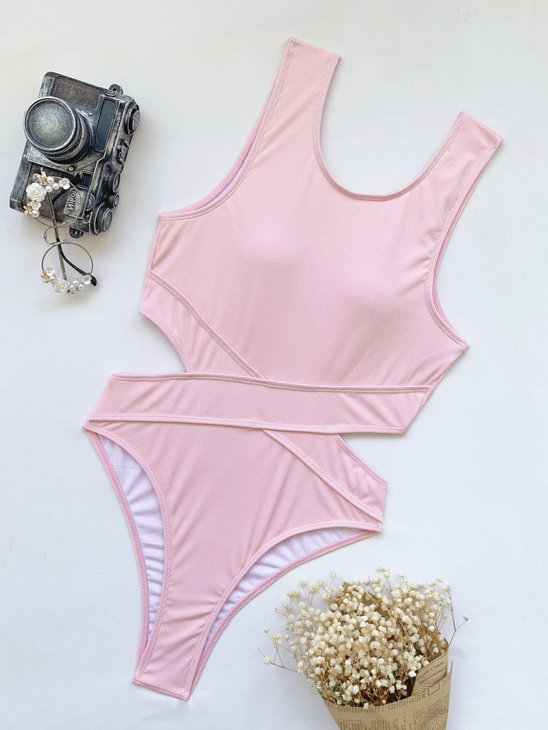 Solid Hollow Out Bikini One Piece Swimsuit CASF 6289
