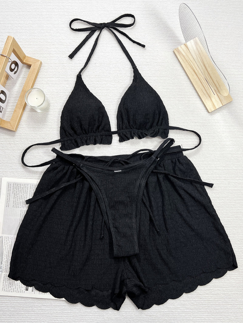 Sexy Halterneck Lace Up 3 Piece Swimsuit CSYZ D659WY