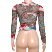 Long Sleeve Mesh Print T Shirt DLSF K24L59634
