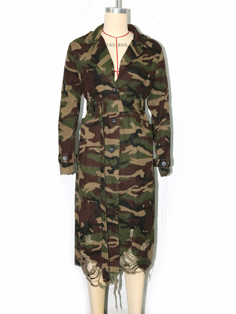 Camouflage Print Holes Long Trench Coat SH 391323