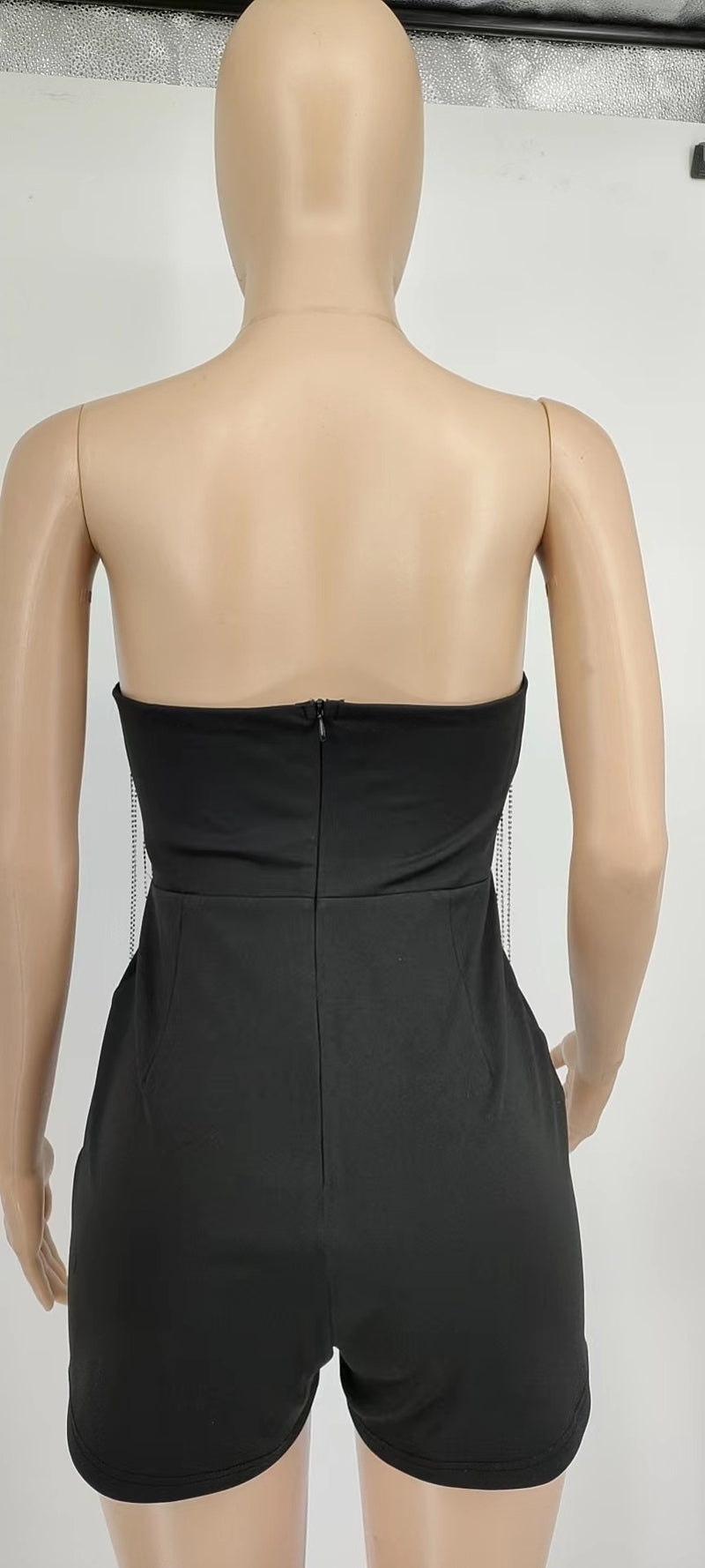 Rhinestone Deep V Neck Tassel Wrap Romper GYOM 8855