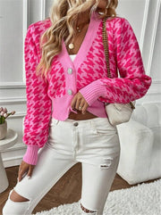 Houndstooth Patterned Knit Cardigan Coat GZYF 1087
