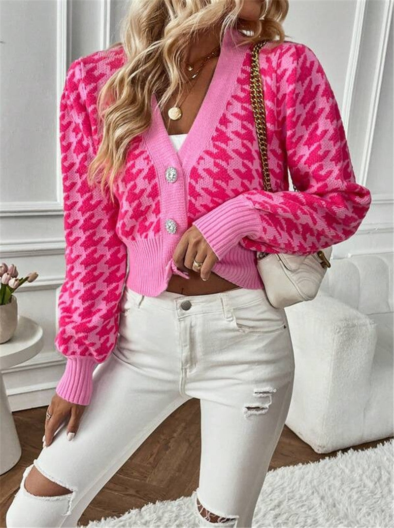 Houndstooth Patterned Knit Cardigan Coat GZYF 1087