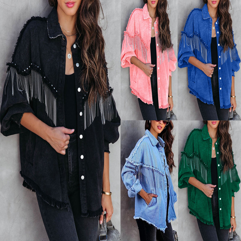 Chain Studded Street Fashion Single Breasted Denim Jacket GYAN 641
