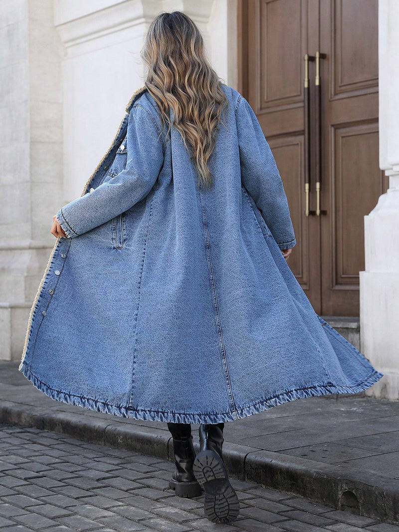 Loose Long Sleeve Denim Fleece Long Coat GYXN 20781
