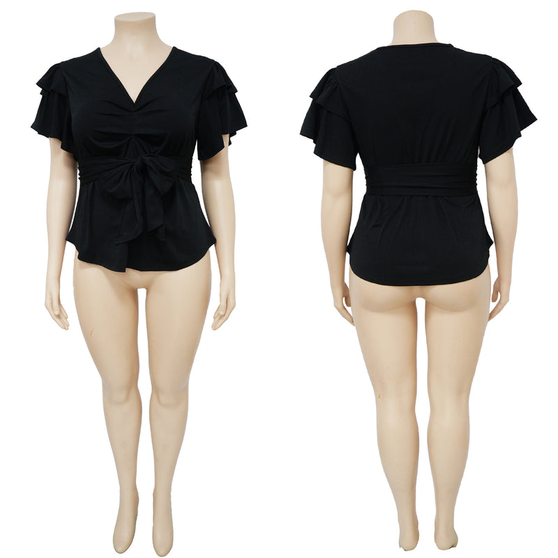 Plus Size Ruffle Sleeve Pleated Pullover Shirt NNWF 7780