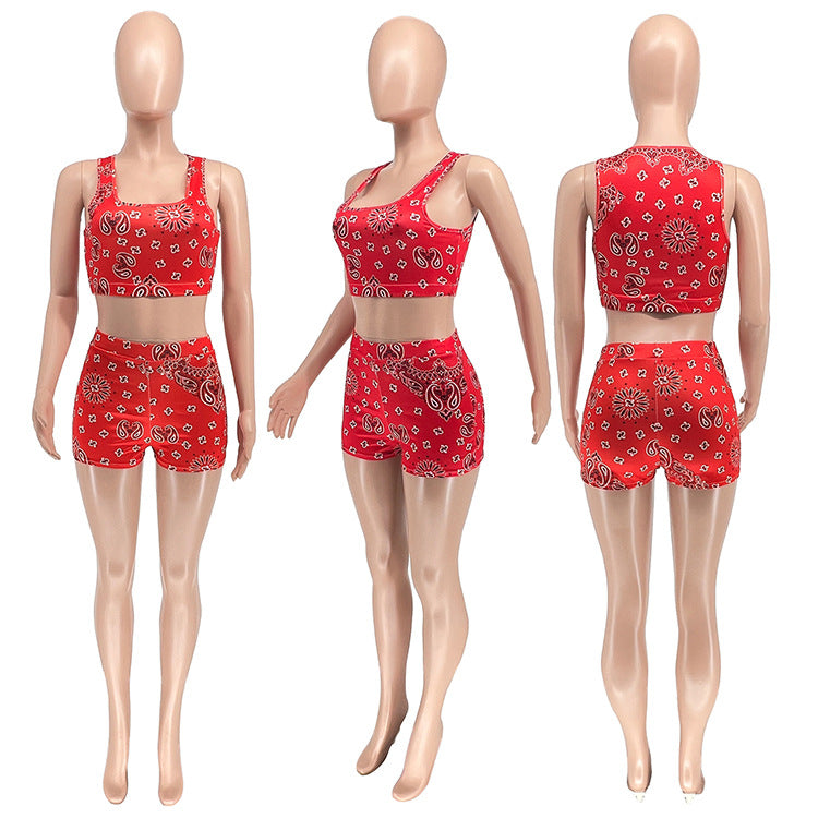 Casual Print Sleeveless Shorts Two Piece Set WSYF 5965
