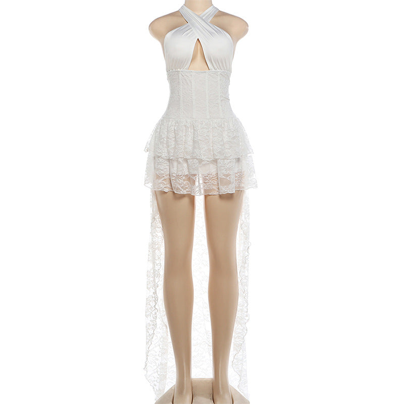 Lace Patchwork Halterneck Mini Dress GZJQ K6D13353A