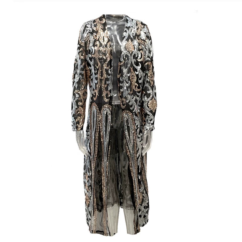 Plus Size Sequin Embroidered See Through Cardigan Coats GMMD 8088