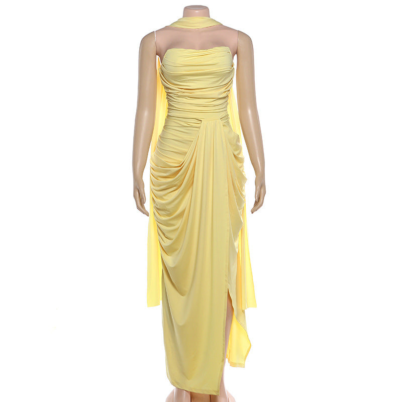 Solid Color Ruched Split Tube Top Maxi Dress GYME K6D05862A