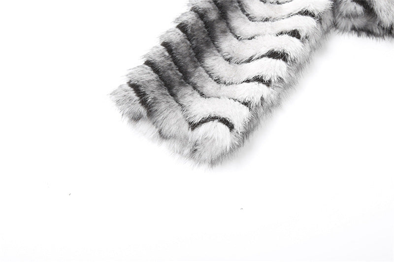 Striped Lapel Zipper Fur Jacket GYME K25C79854