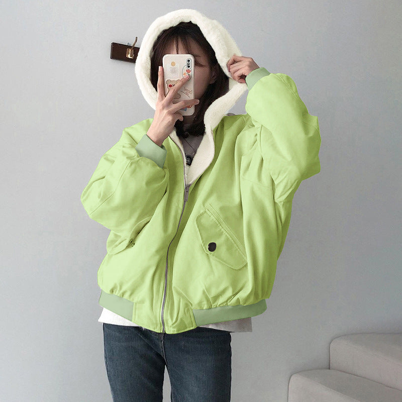 Solid Color Hooded Zipper Plush Jacket GSZM ZTP1449