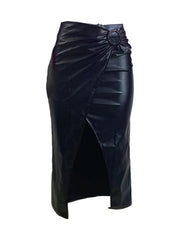 Pleated Split Irregular PU Leather Skirt QOUY M6006