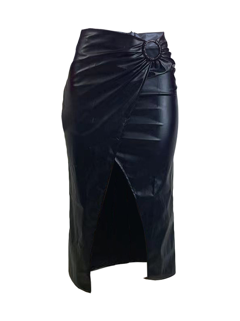 Pleated Split Irregular PU Leather Skirt QOUY M6006