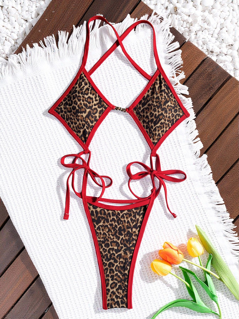 Leopard Print Tie Up One Piece Swimsuit CASF 6757