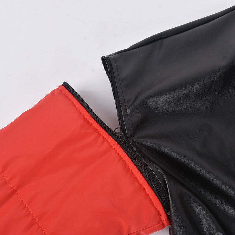 PU Leather Contrast Color Splicing Zipper Short Jacket GBTF 7307