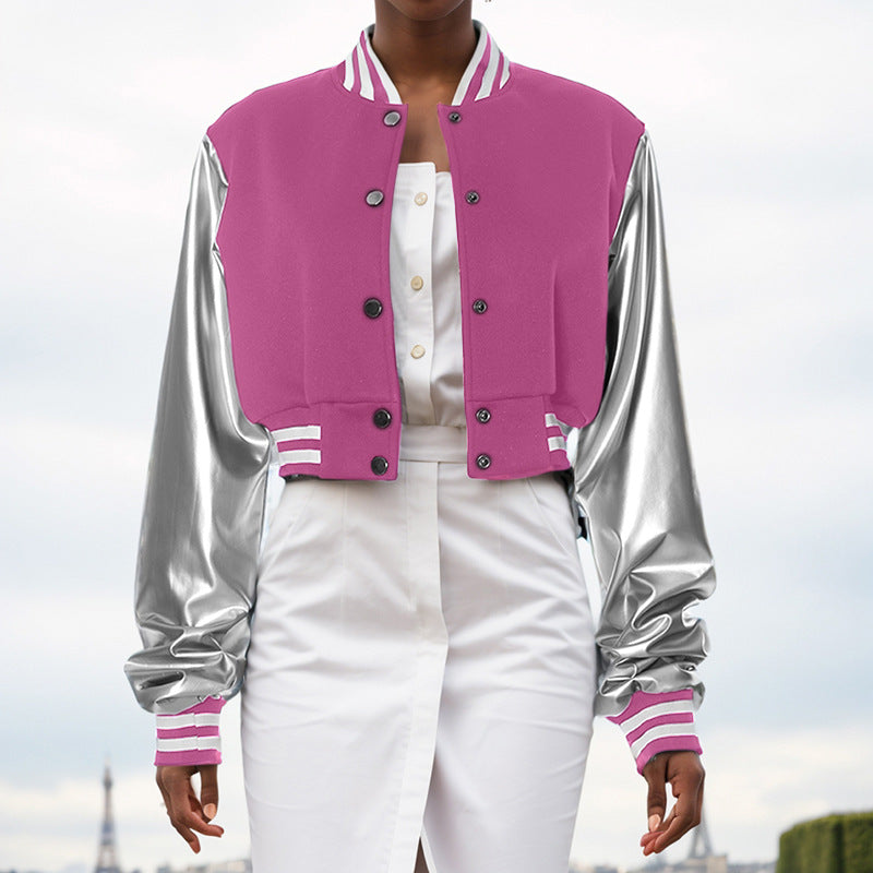 Color Block Short PU Leather Baseball Coat GSZM K23TP377