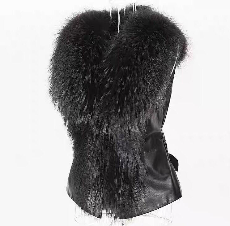 Plus Size Fur Collar Fur PU Leather Coat HHMY 5723