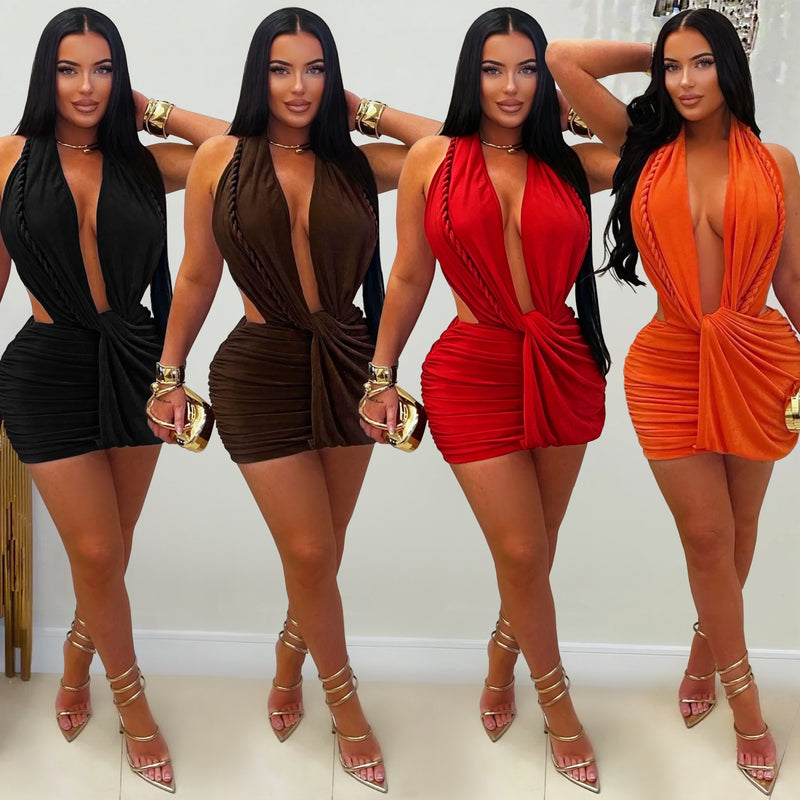 Deep V Neck Halterneck Mini Dress BY 7771