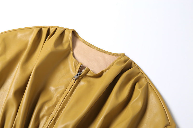 Solid Color Ruched Leather Coats DLSF K25L88954